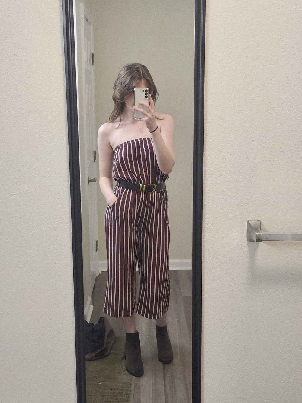Striped Strapless Wide-Leg Jumpsuit in Burgundy
